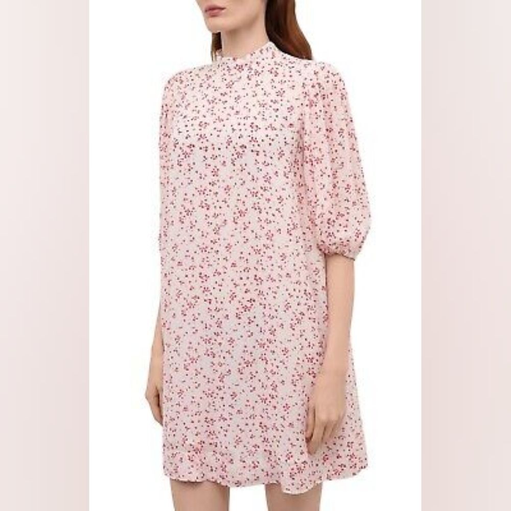 Ganni Floral Georgette Mini‎ Egret High Neck Puff Sleeve Dress Size Medium